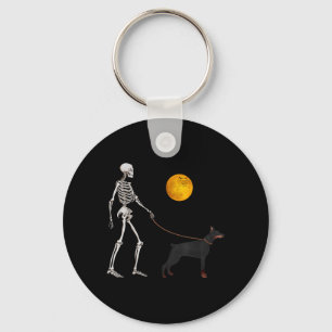 Doberman Skeleton Dog Walking Halloween Costume Keychain
