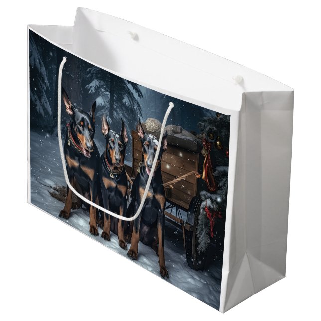 Doberman Snowy Sleigh Christmas Decor  Large Gift Bag (Front Angled)