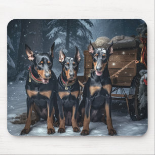 Doberman Snowy Sleigh Christmas Decor Mouse Pad