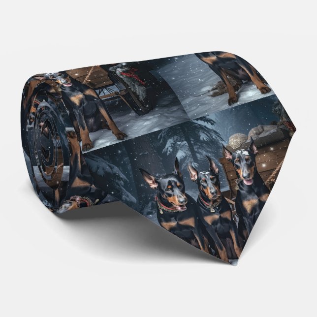 Doberman Snowy Sleigh Christmas Decor  Tie (Rolled)