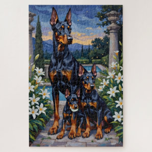 Doberman Twilight Lily Garden Art Jigsaw Puzzle