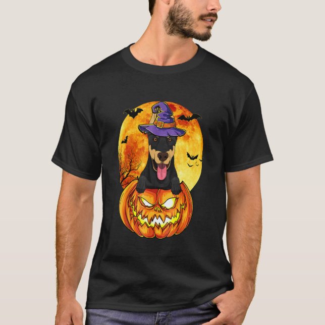 Doberman Witch Pumpkin Halloween Dog T-Shirt (Front)