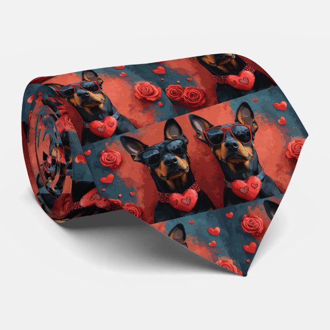 Doberman With Heart Roses Valentine's Day Tie (Rolled)