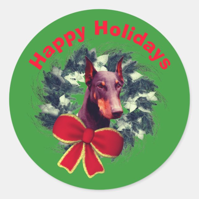 Doberman Wreath Christmas Holiday  Classic Round Sticker (Front)