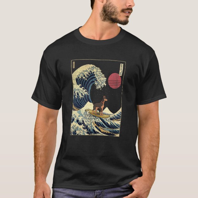 Dobermann Japanese Kanagawa Wave  Surf Dog T-Shirt (Front)
