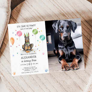 Dobermann Pawty Puppy Birthday Pink Photo Invitation