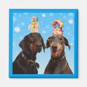 Dobermans winter Christmas funny square magnet