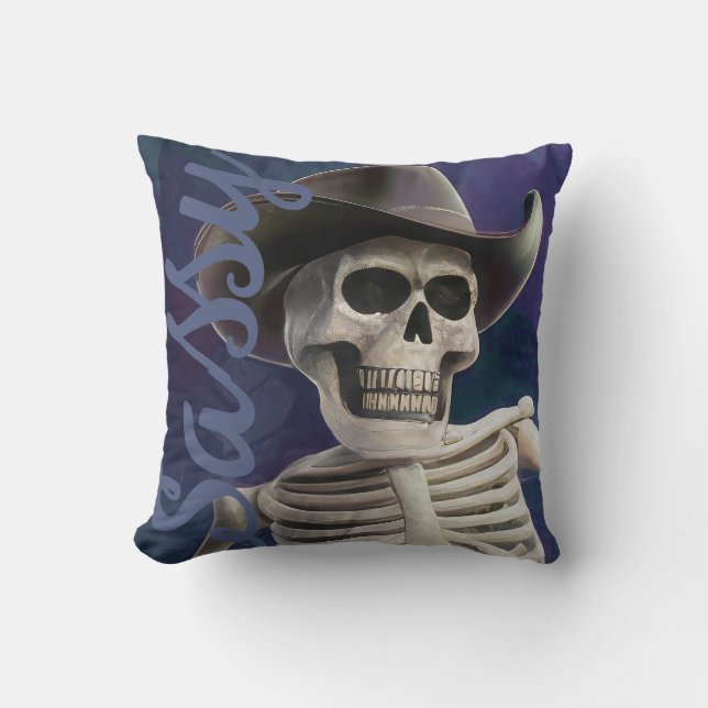 Doc Bones IS Sassy!, Cowboy Skeleton Throw Pillow (Front)