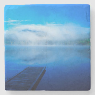 Dock on calm misty lake, California Stone Coaster