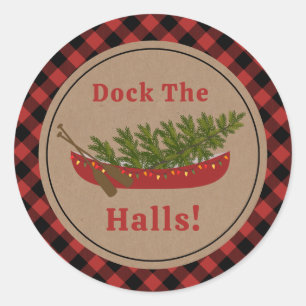 Dock The Halls Canoe Christmas Tree Plaid Classic Round Sticker