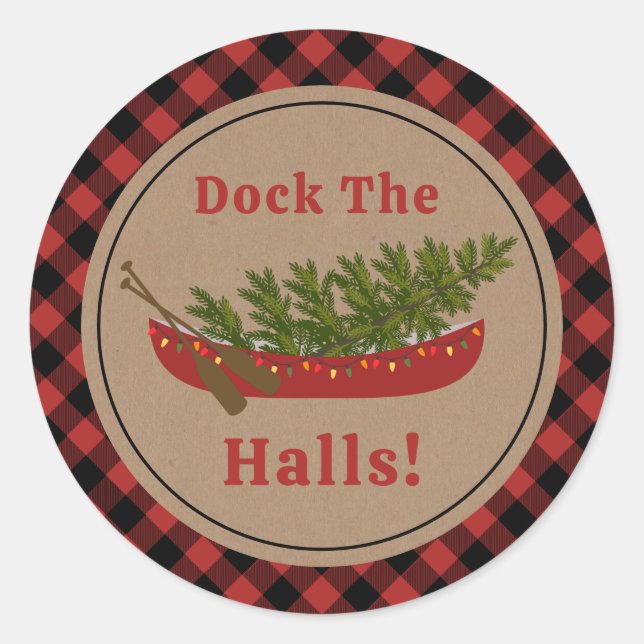 Dock The Halls Canoe Christmas Tree Plaid Classic Round Sticker (Front)