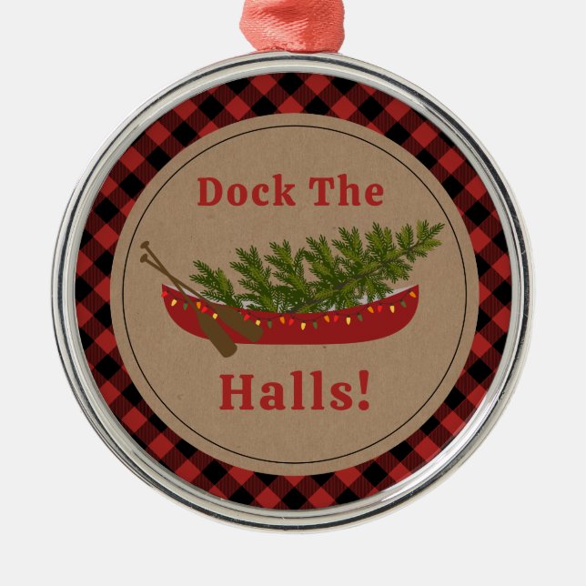 Dock The Halls Canoe Christmas Tree Plaid Metal Ornament (Front)