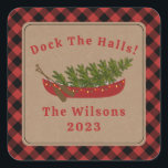 Dock The Halls Canoe Christmas Tree Plaid Square Sticker<br><div class="desc">Illustration of a red canoe decorated with Christmas lights with Christmas tree inside.  Background is brown cardstock with red and black buffalo plaid border.  Personalize the text.</div>