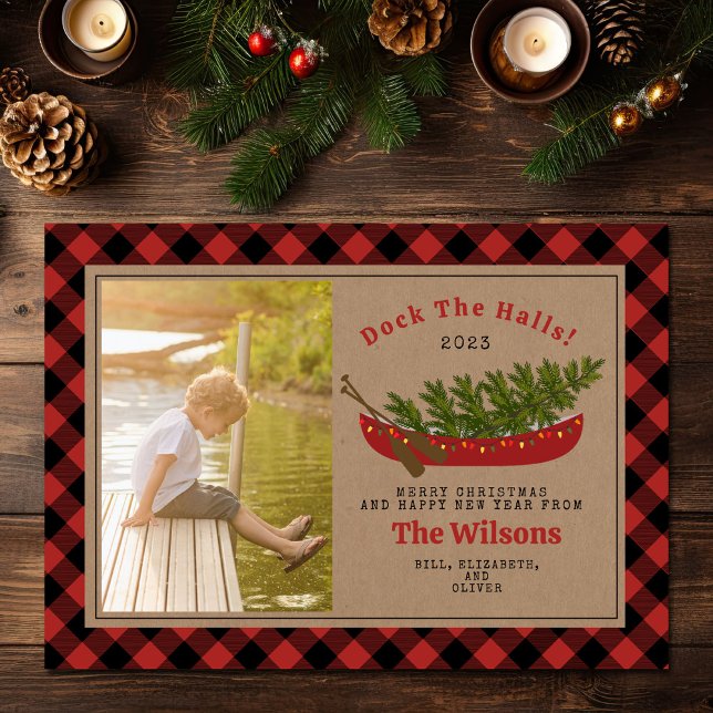 Dock The Halls Christmas Canoe Plaid Photo Holiday Card (Creator Uploaded)