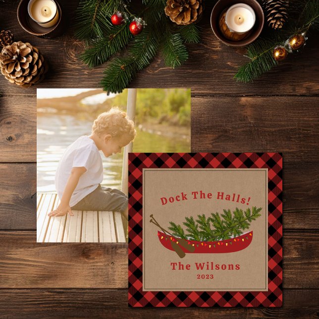 Dock The Halls Christmas Tree Canoe Plaid Photo Card (Creator Uploaded)