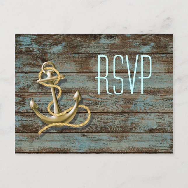 dock wood beach anchor nautical wedding rsvp invitation postcard (Front)