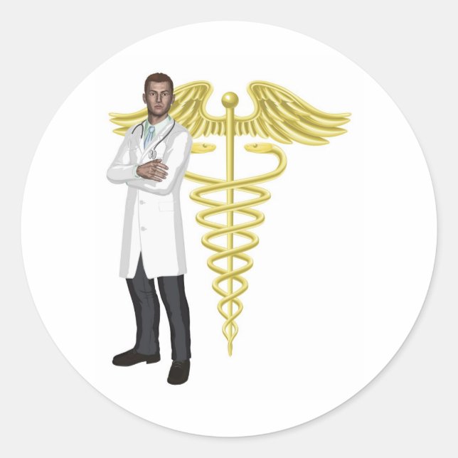 Doctor and caduceus symbol illustration classic round sticker (Front)