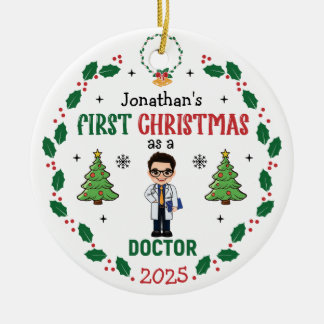 Doctor First Christmas Personalized Round Ceramic Ornament