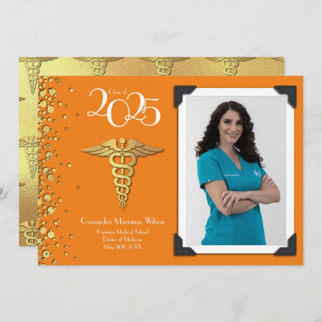 Doctor Gold Graduation Announcement Orange (Front/Back)