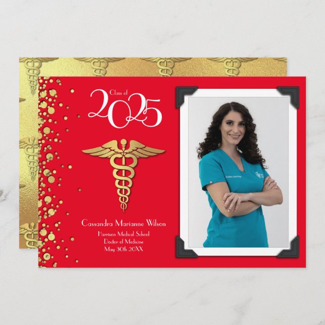 Doctor Gold Graduation Announcement Red (Front/Back)