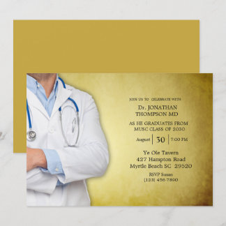 Doctor Graduation Party Gold White Coat Invitation