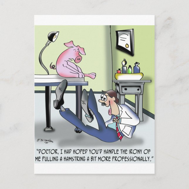 Doctor Handles Pulled Hamstring Unprofessionally Postcard (Front)