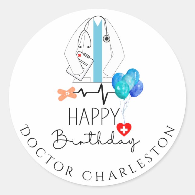 Doctor Happy Birthday White Coat Personalized Flat Classic Round Sticker (Front)