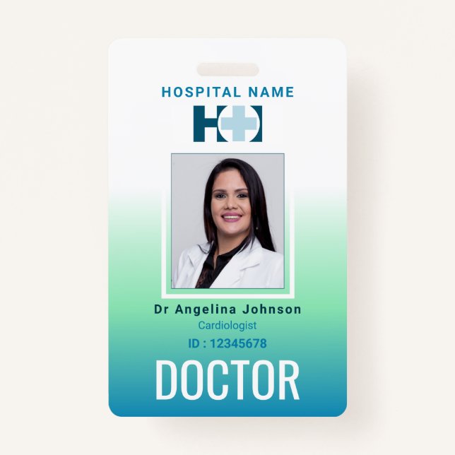 Doctor Identification Blue Green Name and Photo ID Badge (Front)
