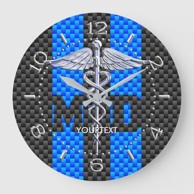 Doctor MD Caduceus Personalized Style Blue Carbon Large Clock (Front)