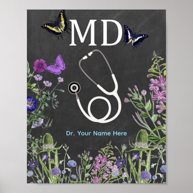 Doctor MD Stethoscope Floral Personalized Poster (Front)