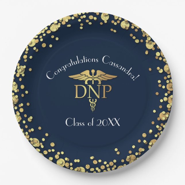 Doctor Nursing Practice Graduation Navy Blue Gold Paper Plate (Front)