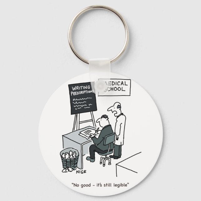 Doctor Practising Prescription. Funny Cartoon Keychain (Front)