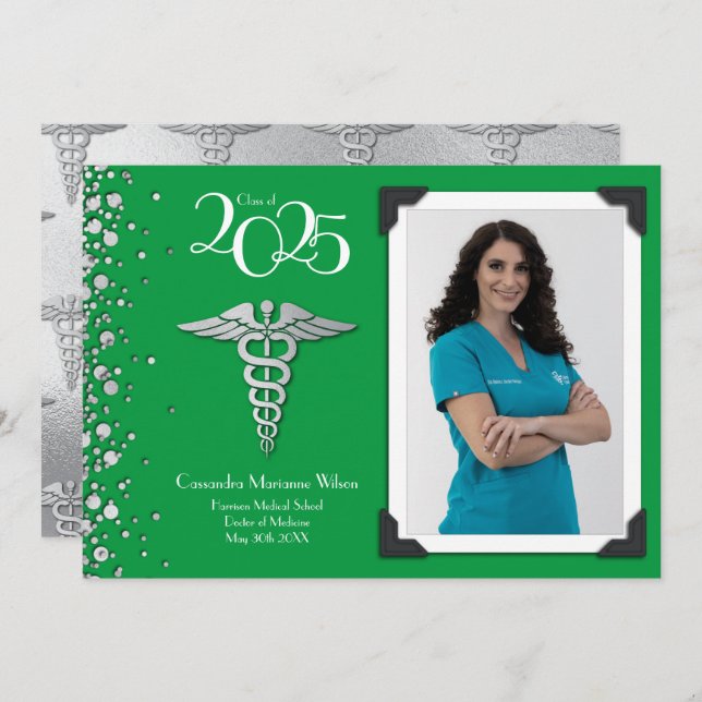 Doctor Silver Graduation Announcement Green (Front/Back)