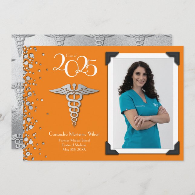 Doctor Silver Graduation Announcement Orange (Front/Back)