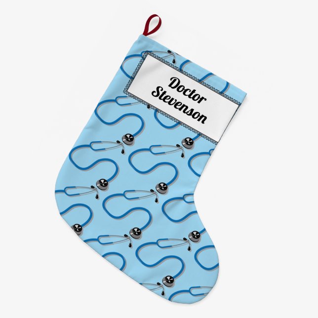 Doctor Stethoscope Pattern Blue Customisable Large Christmas Stocking (Front (Hanging))