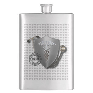 Doctor Symbols Caduceus On Stethoscope And Stamp Hip Flask