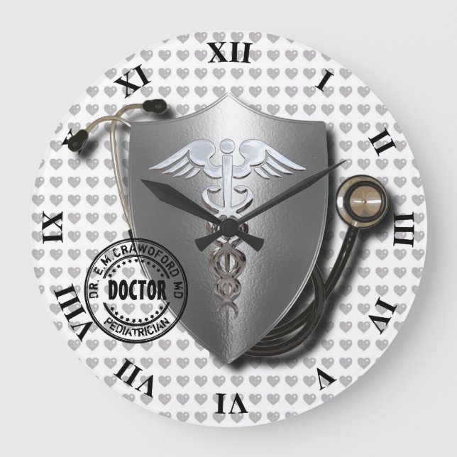 Doctor Symbols Caduceus On Stethoscope And Stamp Large Clock (Front)
