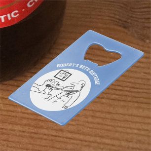 Doctor with stethoscope cartoon. credit card bottle opener