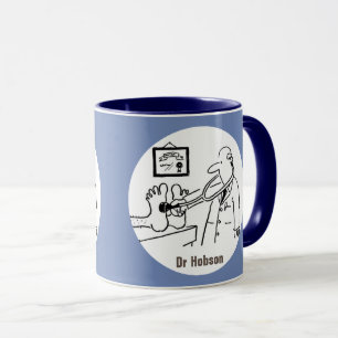 Doctor with Stethoscope tests Feet. Doctor Mug