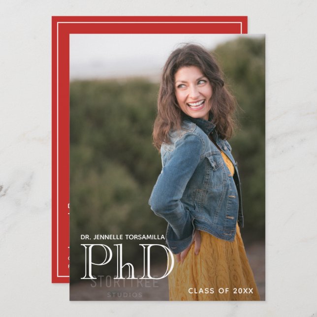 Doctorat Faire-part Photo Blanc Rouge (Devant / Derrière)