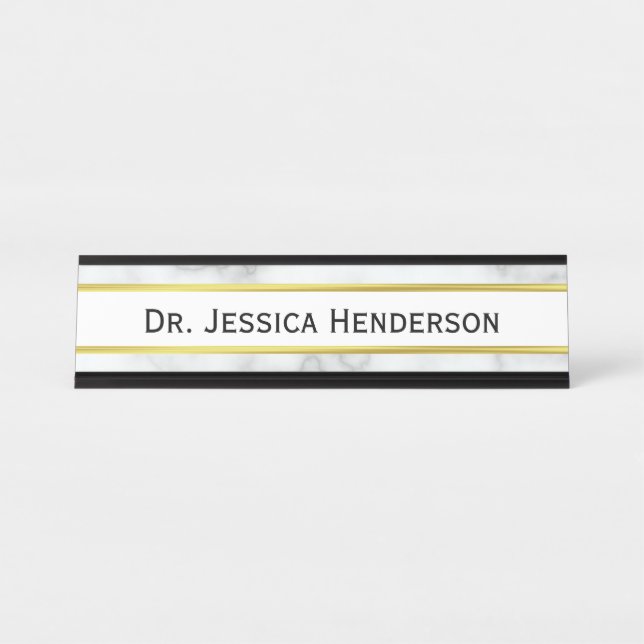 Doctor's Faux Gold and White Marble Look Desk Name Plate (Front)