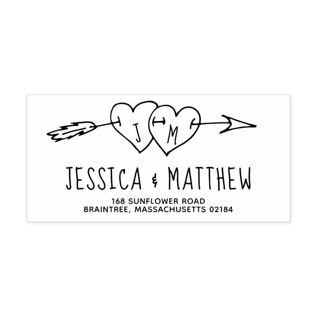 Doddled Wedding Hearts with Arrow Monogram Self-inking Stamp (Design)