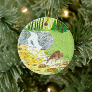 Doe and Fawn Ceramic Ornament