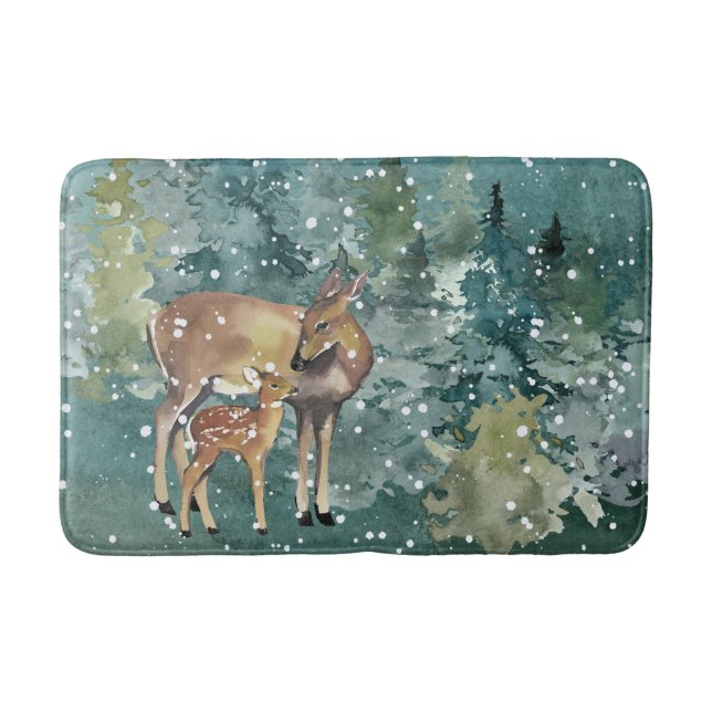 Doe and Fawn Deer in Forest Full Moon Snowfall Bath Mat (Front)