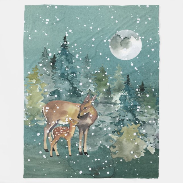 Doe and Fawn Deer in Forest Full Moon Snowfall Fleece Blanket (Front)