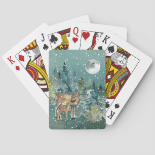 Doe and Fawn Deer in Forest Full Moon Snowfall Playing Cards