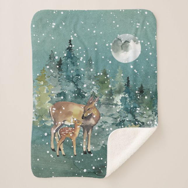 Doe and Fawn Deer in Forest Full Moon Snowfall Sherpa Blanket (Front)