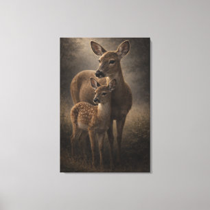 Doe and Fawn   Deer Wildlife Art   Stretched Canvas Print