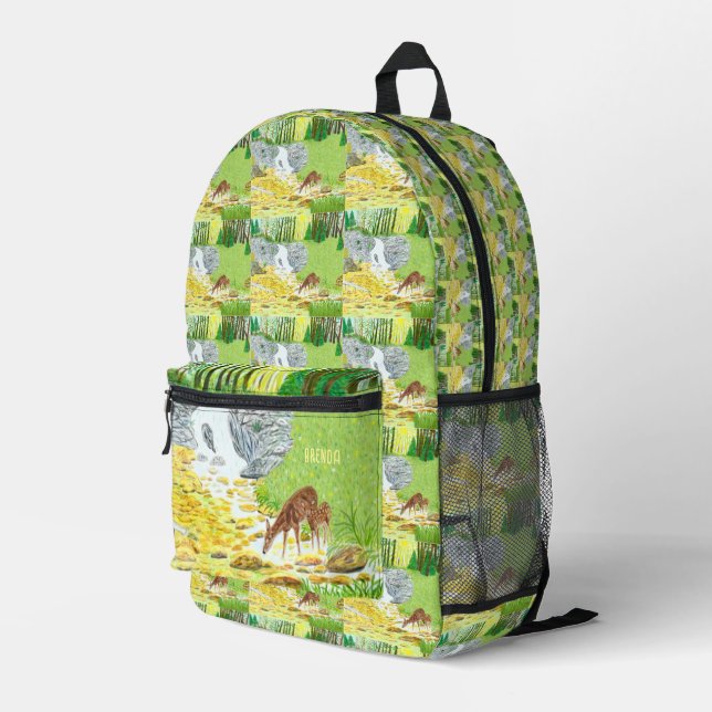 Doe and Fawn Forest Scene Printed Backpack (Back Corner Right)