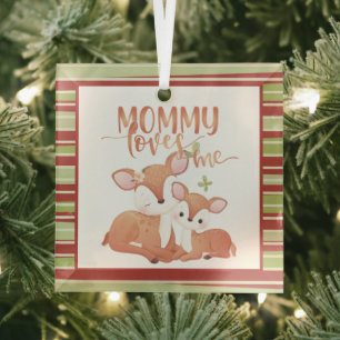 Doe Deer and Fawn Mommy Loves Me Glass Ornament